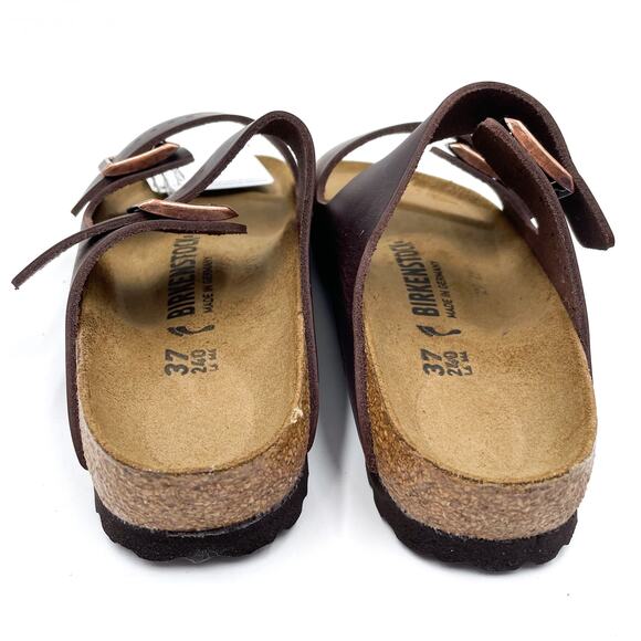 Birkenstock Arizona Sandals Habana Brown Two Strap Slides Sz 37 / 6 NARROW - Picture 4 of 8